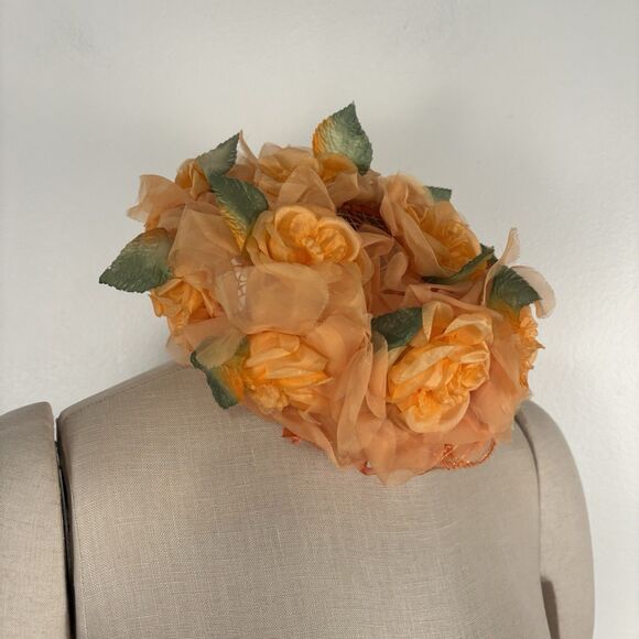 Vintage 1960 Millinary Head Piece Hat Orange Flowers Pill Box Hat Mid Century - Picture 1 of 9